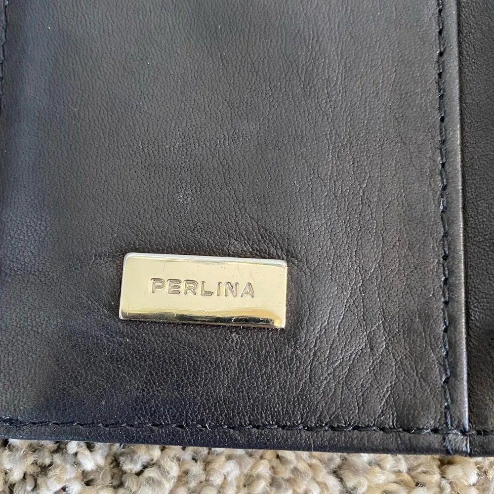 Perlina Black Leather Trifold Ladies Wallet Clutch